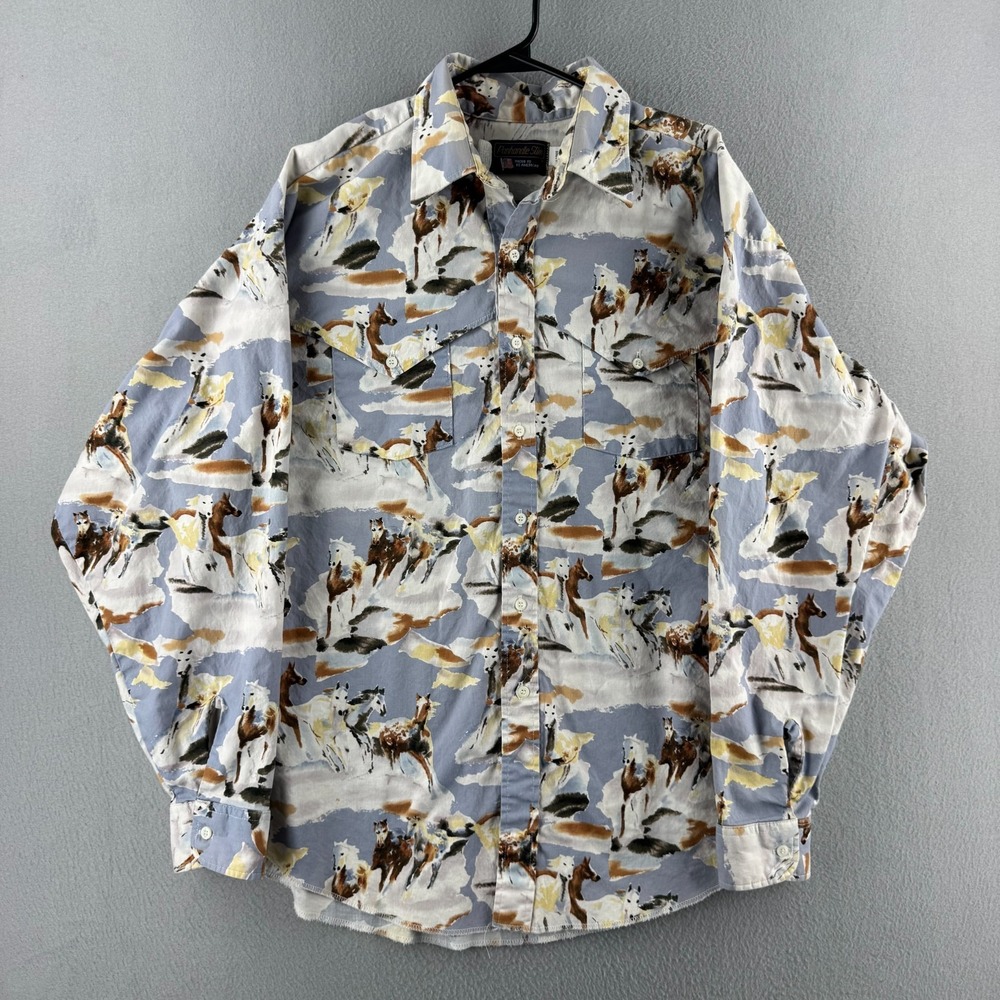 Vintage Panhandle Slim Shirt Mens Large Made in USA Horse Print Caped Yoke